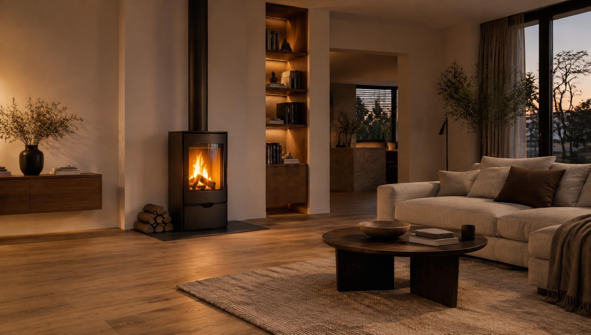 Moderne woonkamer met brandende houtkachel